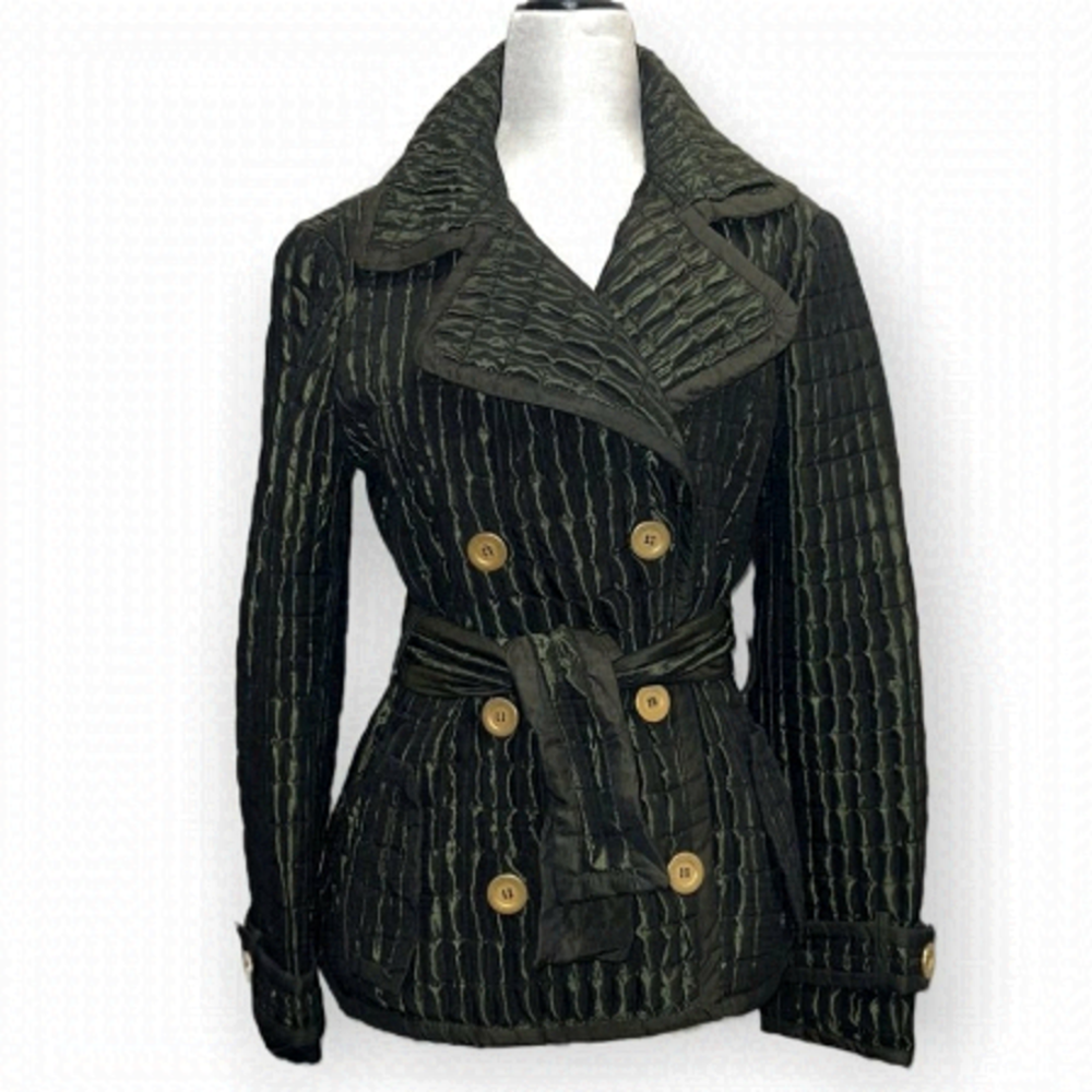 ZARA Woman Metallic Green Quilted Double Breasted Tied Trench Coat Size Medium - Picture 1 of 16